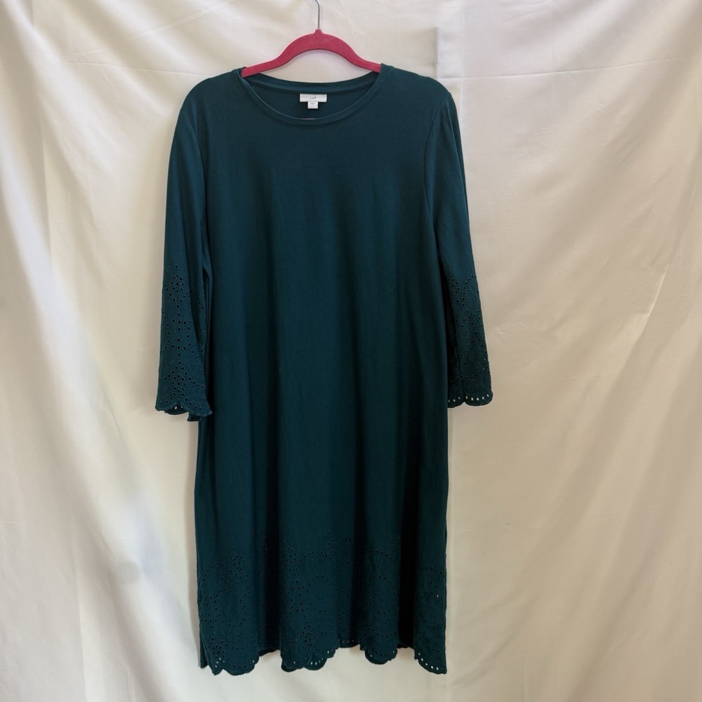 J Jill Teal 3/4 Sleeves Dress Large Eyelet Scallop Hem Round Neck 100% Cotton
